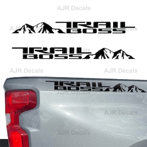Trail Boss with Rocky Mountains Decals Fits Chevy Chevrolet Silverado Truck Bedside Sticker Vinyl in 6 colors (2  pieces).