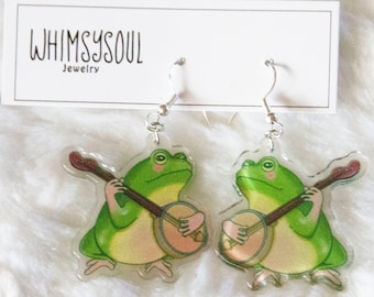 Frog Banjo Earrings.. Funny and Cute Earrings.. Funny Earrings.. Dangle Earrings.. Large Earrings.. Music Earrings.. Cute Frog… Lightweight