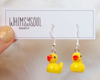 Rubber Duck Earrings… Small Bird Dangle Earrings.. Light Weight.. Little Duck Earrings.. Quirky Fun Whimsical