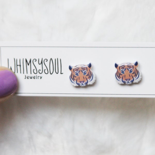 Tiger Earrings... Tiger Animal Earrings... Orange Tiger Earrings..  Large Earrings.. Teen Women.. Titanium.. Hypoallergenic.. Cat.. Zoo..