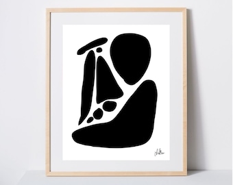 Puede incluir: Impresión de arte abstracto en blanco y negro con un diseño geométrico. La impresión presenta una variedad de formas y formas, creando una pieza visualmente interesante y moderna.
