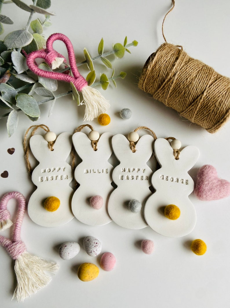 Handmade personalised Easter bunny clay hanging decoration keepsake image 1