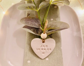 Handmade personalised clay heart wedding favour place setting decor