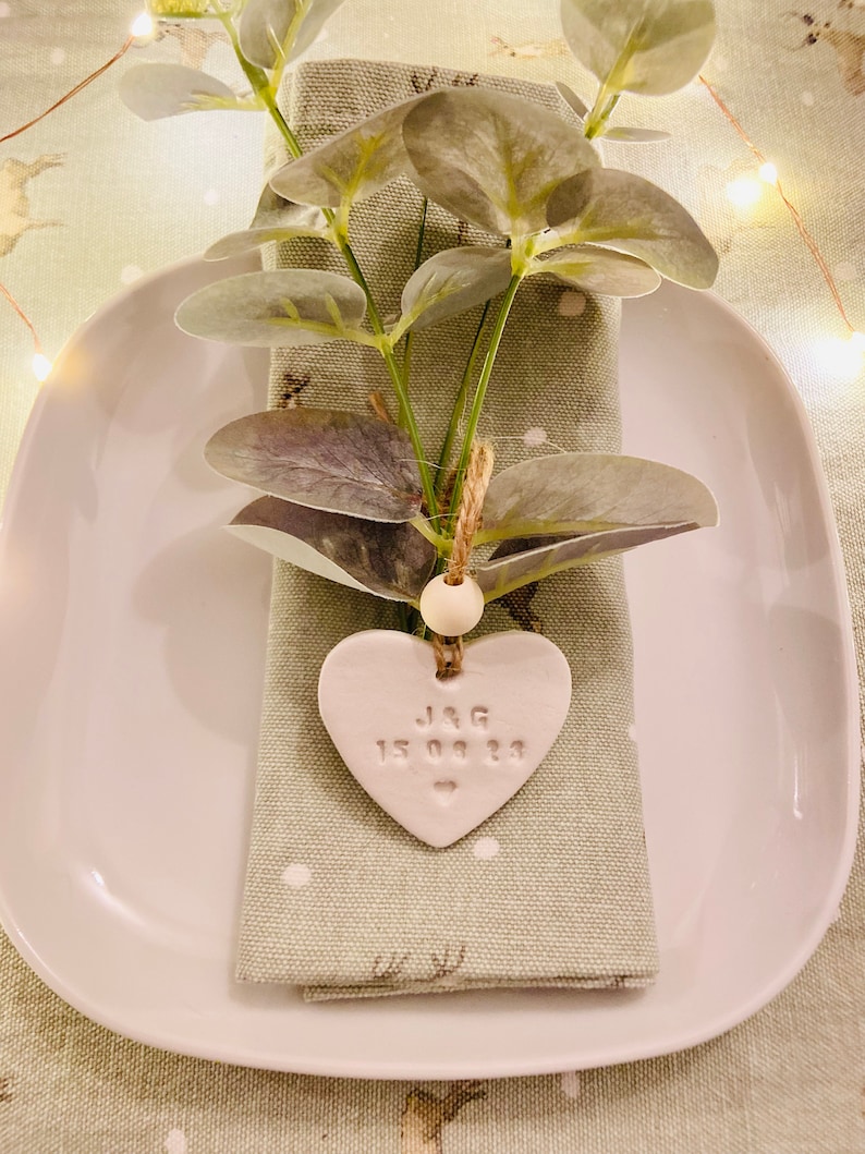 Handmade personalised clay heart wedding favour place setting decor image 1