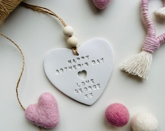 Handmade personalised Mother’s Day clay heart hanging decoration gift tag keepsake