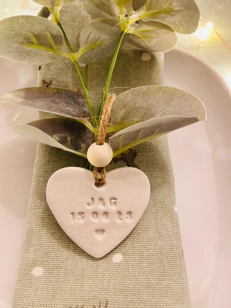 Handmade personalised clay heart wedding favour place setting decor image 2