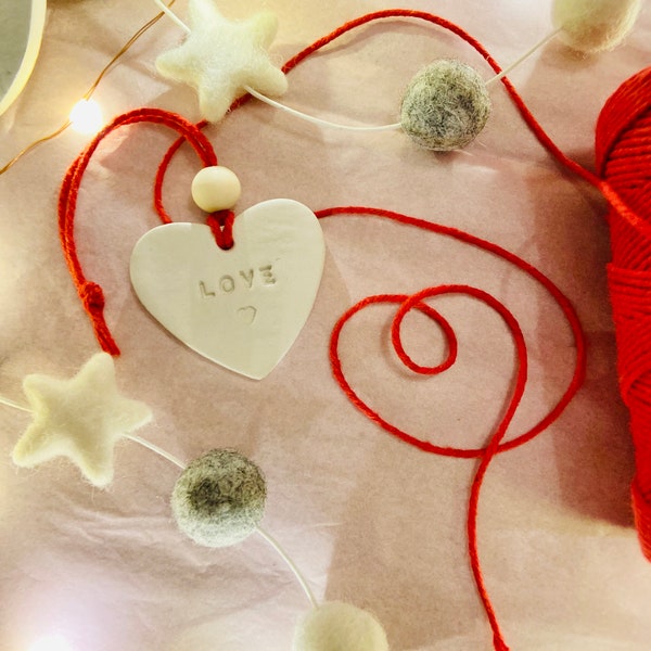 Handmade clay love hanging heart tag valentines wedding