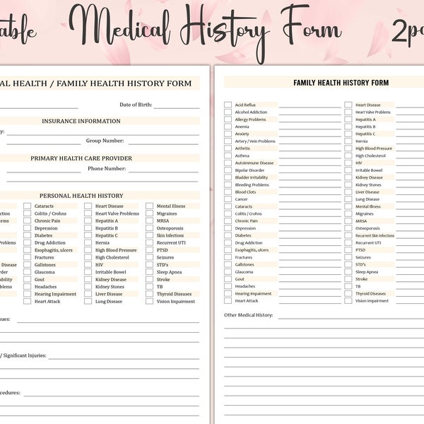 Comprehensive Medical History Form, Your Health Your Story, Medical history form, Editable Medical History Form, Family Medical History Form