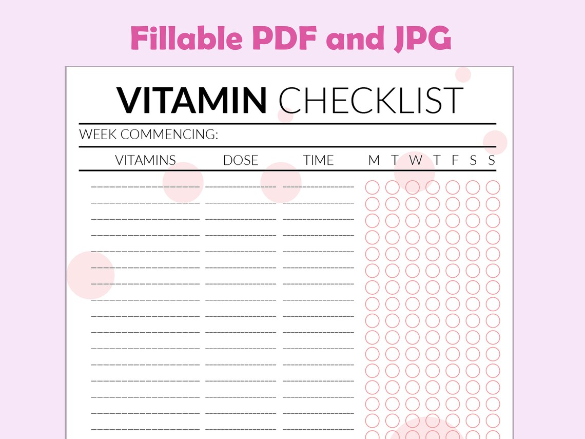 Vitamin Checklist, Vitamin Tracker, Daily Vitamin Checklist, Weekly Supplement Checklist, Med