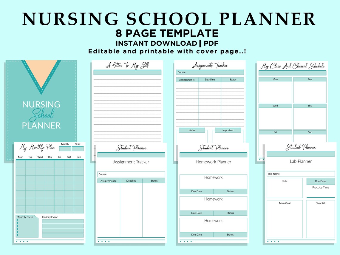 PRINTABLE Nursing Student Planner, Nursing Notes, Nursing Study Plan