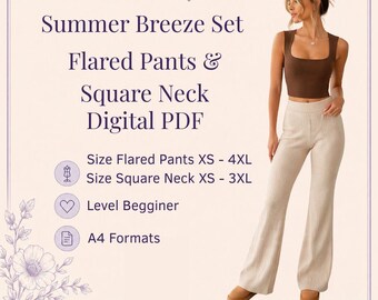 Patrón de costura para pantalones acampanados y top de cuello cuadrado / Paquete para principiantes (Descarga en PDF)