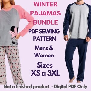 May include: A digital PDF sewing pattern bundle for winter pyjamas. The image shows a woman wearing a grey and pink pyjama set with a Minnie Mouse graphic and a man in a navy and grey pyjama set. The text reads "Winter Pajamas Bundle PDF Sewing Pattern Mens & Women Sizes XS a 3XL".