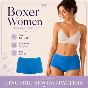 Può includere: Un cartamodello digitale per boxer con il testo Boxer Women Sewing Pattern. Include taglie XS-4XL, livello principiante e formati file A4-A0. La grafica mostra un paio di boxer blu a tinta unita e una persona che indossa questo modello.