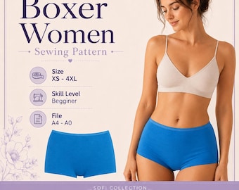 Patrón de costura para bóxer de mujer: Tallas XS-4XL, imprimible en formato A4/A0 (descarga digital)