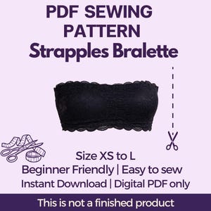 Może przedstawiać: Czarny wzór Strapples Bralette z koronki, z tekstem "PDF SEWING PATTERN Strapples Bralette" i "Size XS to L". Obraz zawiera również tekst "Beginner Friendly | Easy to sew Instant Download | Digital PDF only".