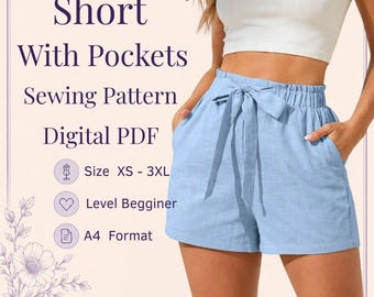 Patrón de costura para pantalón corto con bolsillos / Tallas XS a 3XL / Descarga instantánea / PDF digital fácil