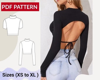 Open Back top pdf pattern | Cropped Top long sleeve sewing pattern  | PDF sewing pattern | Sizes (XS to XL)  Include Instructions