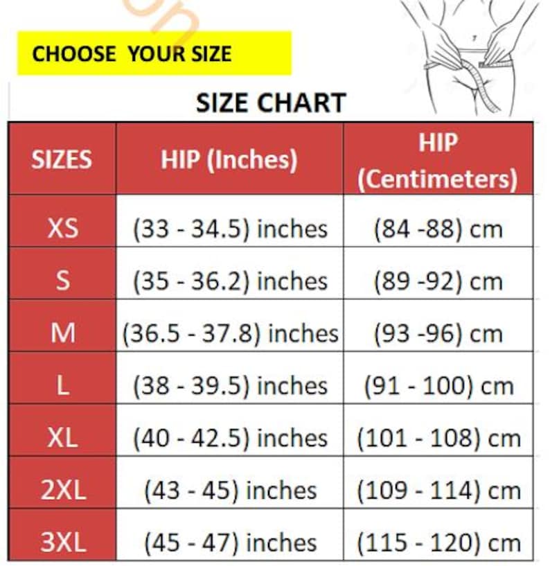 Puede incluir: Una tabla de tallas con un encabezado amarillo que dice CHOOSE YOUR SIZE y un dibujo lineal de un torso siendo medido. La tabla enumera las tallas de XS a 3XL con las medidas de cadera correspondientes en pulgadas y cent&iacute;metros para referencia.