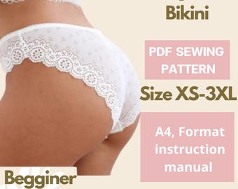 Patrón de costura para bikini de lencería (tallas XS-3XL, A4, imprimible) (descarga digital)