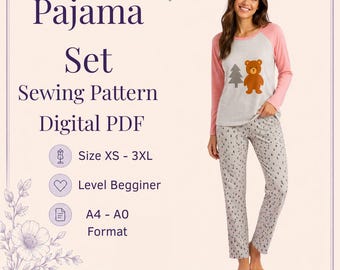 Women's Pajama Set Sewing Pattern: XS-3XL, Easy Beginner PDF (A0, A4 Digital Download)