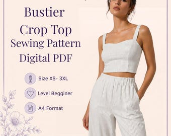 Patrón de costura de bustier en PDF / Top corto para mujer / Tallas XS-3XL / Descarga digital imprimible en formato A4