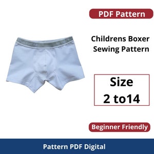 Puede incluir: Un patrón de costura para boxer infantil, tallas 2 a 14. El patrón es fácil de hacer y está disponible para descargar en PDF digital. El patrón es para un boxer blanco con una cintura elástica gris.