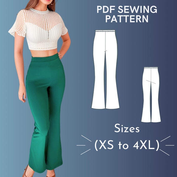 Sewing Pattern | High Waist Flared Pants | Size XS to 4XL | PDF Tutorial High Waist Pants | Instant Download | Easy download