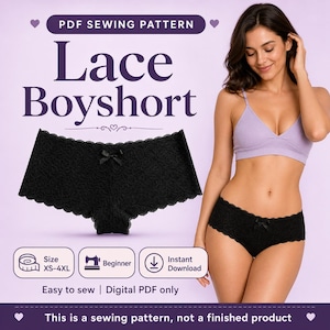 Puede incluir: Patrón de costura de braguita de encaje negro. La imagen muestra un par de bragas de encaje negro con un pequeño lazo. El texto de la imagen dice "PDF Sewing Pattern", "Lace Boyshort", "Talla XS-4XL", "Principiante" y "Descarga instantánea". El texto también dice "Fácil de coser | Solo PDF digital".