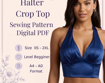Women's Halter Crop Top Sewing Pattern, XS-2XL, Satin Fabric (Digital Download)