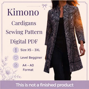Op de afbeelding: Een digitaal PDF-naaipatroon voor een kimono-vest, met de tekst: Kimono Cardigans Sewing Pattern Digital PDF, Size XS - 3XL, Level Begginer, A4 - A0 Format, en This is not a finished product. De afbeelding toont een zwart-wit vest met patroon.