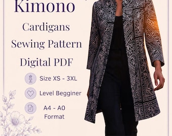 May include: A digital PDF sewing pattern for a kimono cardigan, featuring text: Kimono Cardigans Sewing Pattern Digital PDF, Size XS - 3XL, Level Begginer, A4 - A0 Format, and This is not a finished product. The image shows a black and white patterned cardigan.