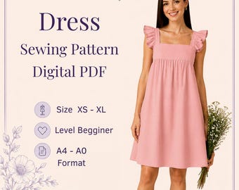 Patrón de costura para vestido en PDF / Patrón de vestido para mujer XS-XL / Imprimible en A4 y A0 / Descarga instantánea