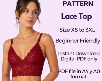 Patrón de costura para top corto de encaje (PDF) / Tallas XS-3XL, apto para principiantes.