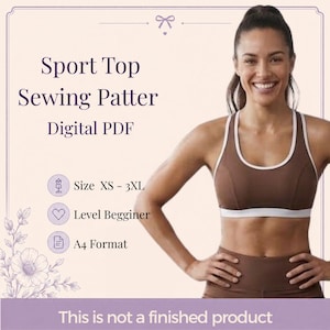 Może przedstawiać: Cyfrowy wykrój krawiecki w formacie PDF na brązowy top sportowy z białym wykończeniem. Tekst zawiera: Sport Top Sewing Patter, Digital PDF, Size XS - 3XL, Level Begginer, A4 Format oraz This is not a finished product. Zawiera grafikę kwiatową.