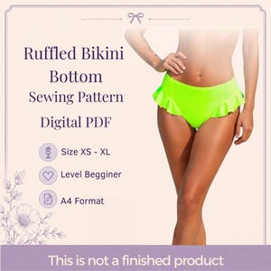 Peut inclure: Un patron de couture numérique PDF pour un bas de bikini vert néon à volants. Le texte indique : Ruffled Bikini Bottom Sewing Pattern Digital PDF, Size XS - XL, Level Begginer, A4 Format, et This is not a finished product.