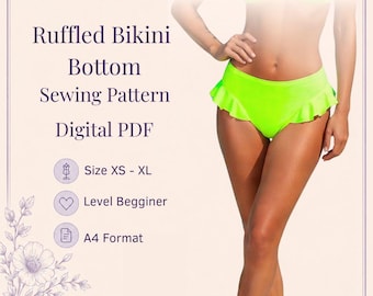 Patrón de costura para braguita de bikini con volantes / Tallas XS-XL (para principiantes) (Patrón PDF)