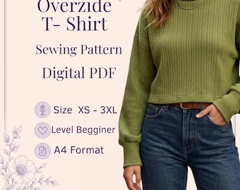 Oversized T-Shirt Sewing Pattern, Long Sleeve Turtleneck Top (XS-3XL) (Digital PDF)