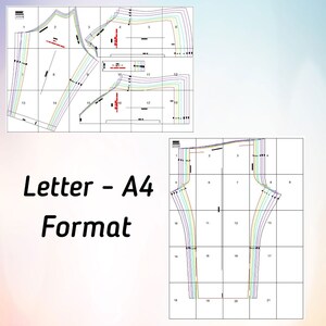 Puede incluir: Un patr&oacute;n de costura sobre una cuadr&iacute;cula, con secciones numeradas y l&iacute;neas multicolores para diferentes tallas. El texto "Letter - A4 Format" aparece a la izquierda, indicando el tama&ntilde;o de papel para imprimir estos moldes de ropa.