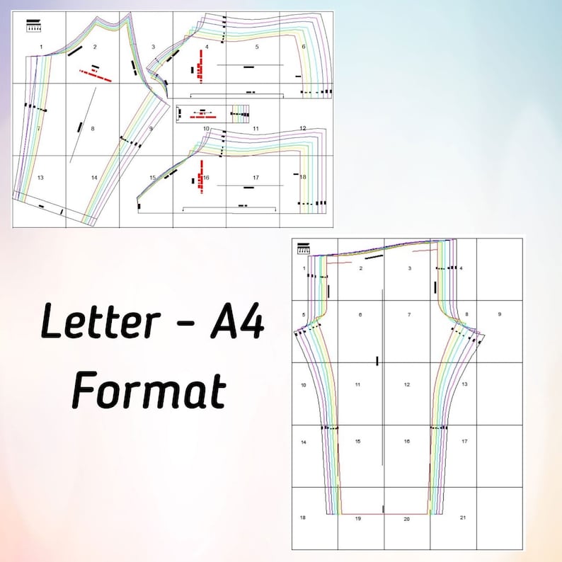 Puede incluir: Un patr&oacute;n de costura sobre una cuadr&iacute;cula, con secciones numeradas y l&iacute;neas multicolores para diferentes tallas. El texto "Letter - A4 Format" aparece a la izquierda, indicando el tama&ntilde;o de papel para imprimir estos moldes de ropa.