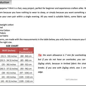 Puede incluir: Un documento titulado A.- Introduction con instrucciones para hacer una camiseta de pijama. Enumera opciones de tela como algod&oacute;n y franela, e incluye una tabla de tallas con medidas de busto en cm, adem&aacute;s de un consejo de costura.