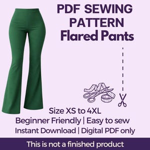 Flared Pants Sewing Pattern: High-Waist Bell  Bottom Trousers , Sizes XS-4XL (PDF Digital Download