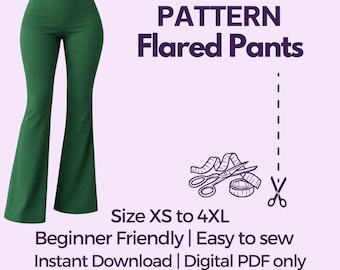 Flared Pants Sewing Pattern: High-Waist Bell  Bottom Trousers , Sizes XS-4XL (PDF Digital Download