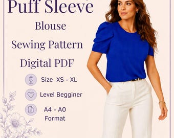Patrón de costura para blusa con mangas abullonadas (XS-XL) / Descarga fácil en PDF