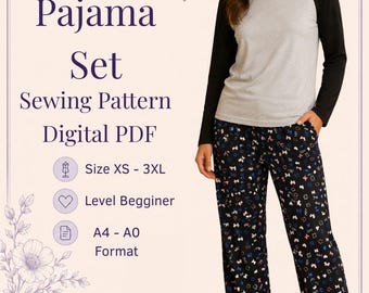 Women's Pajama Set Sewing Pattern: XS-3XL, Easy Beginner PDF (A0, A4 Digital Download)
