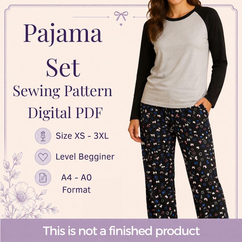 Puede incluir: Un patr&oacute;n de costura digital en PDF para un conjunto de pijama que incluye una camiseta de manga larga ragl&aacute;n con cuerpo gris y mangas negras, junto a un pantal&oacute;n negro con estampado de peque&ntilde;os lazos coloridos. Texto: Pajama Set Sewing Pattern Digital PDF.