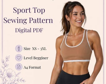 Patrón de costura en PDF para sujetador deportivo: Ideal para principiantes, tallas XS-3XL (descarga digital imprimible en formato A4).