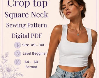 Patrón de costura para top corto con escote cuadrado: PDF para principiantes (XS-2XL A4/A0)