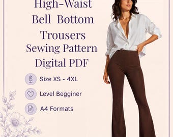 Pantalones acampanados de talle alto: Patrón de costura, tallas XS-4XL (descarga digital en PDF)