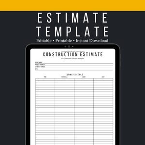 May include: A digital construction estimate template displayed on a tablet screen. The document features fields for client name, project address, estimate number, date, and a detailed table with columns for item, materials, labor, and cost.