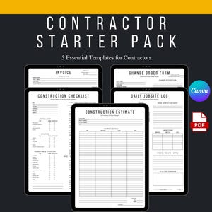 Könnte beinhalten: Ein digitales Contractor Starter Pack mit fünf Vorlagen für Bauunternehmer. Die Vorlagen umfassen eine Rechnung, ein Änderungsformular, eine Baucheckliste, ein tägliches Baustellenprotokoll und einen Kostenvoranschlag. Die Canva- und PDF-Logos sind ebenfalls sichtbar.
